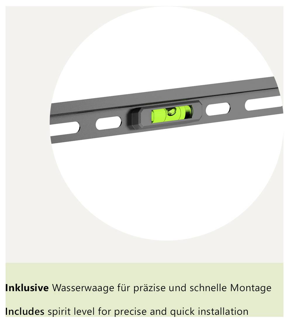 A spirit level is shown, labeled 'Includes spirit level for precise and quick installation.'