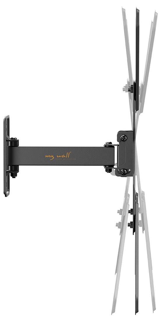 Wall mount bracket for flat-screen TVs, shown in a side view. Adjustable arms and tilt features are visible, allowing versatile positioning.