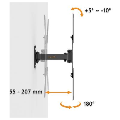 A diagram of a wall-mounted TV bracket showing adjustable tilting from +5° to -10°, extending from 55-207 mm, with a 180° swivel.