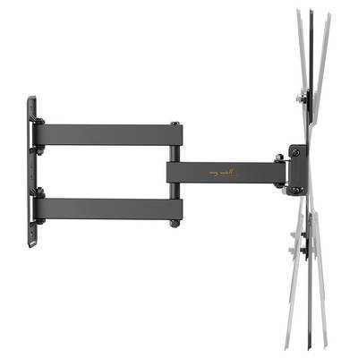 Wall-mounted black TV bracket with adjustable arms and tilt function, shown extended outward.
