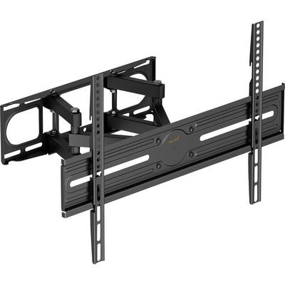 A black, adjustable wall mount designed to hold flat-screen TVs. It features extendable arms and multiple holes for mounting adjustments.
