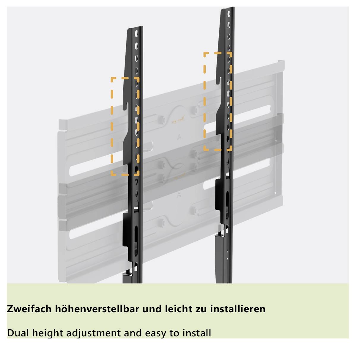 'Zweifach höhenverstellbar und leicht zu installieren. Dual height adjustment and easy to install.' Image shows adjustable TV mount.