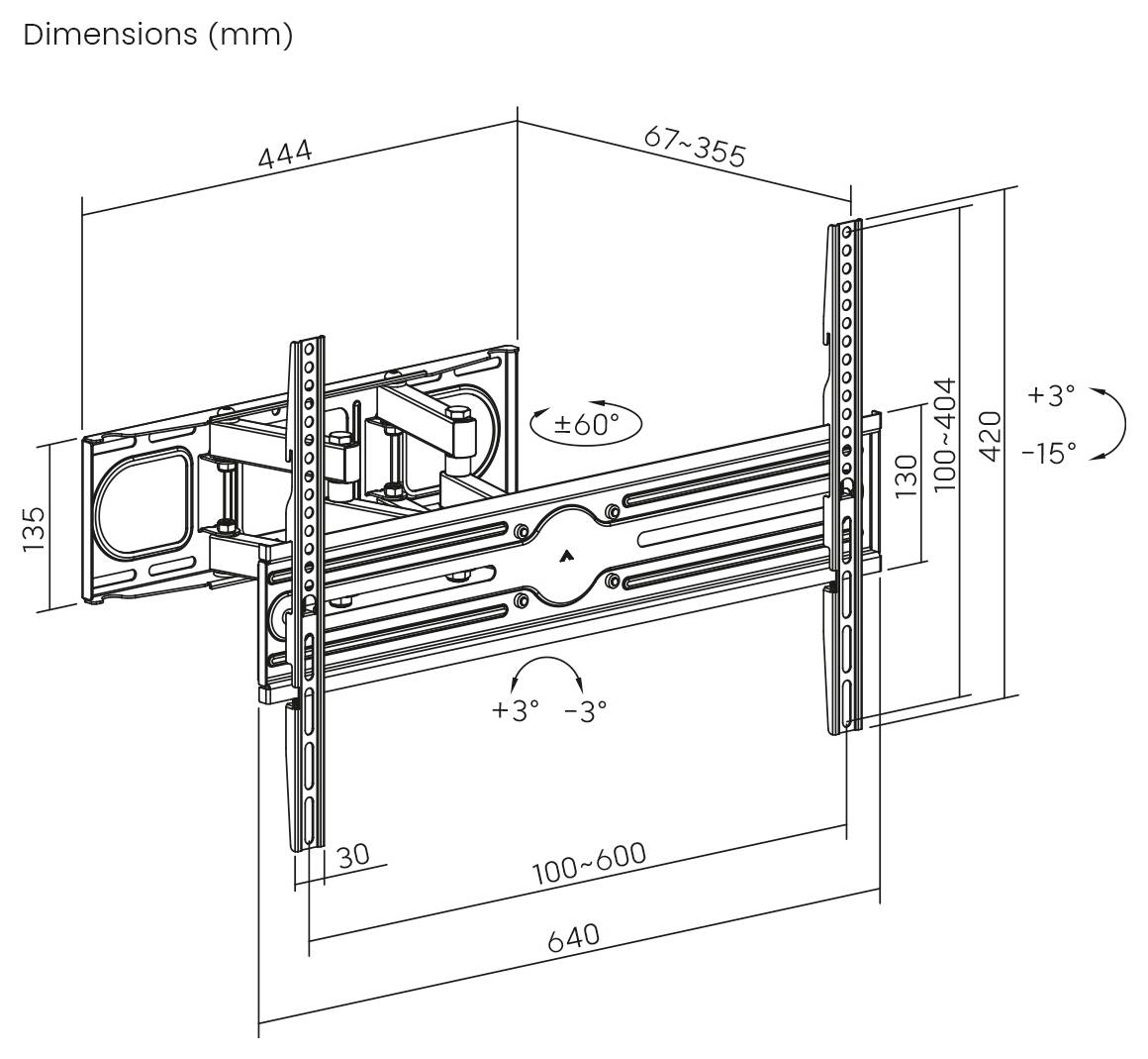 'Dimensions (mm)' drawing of a swivel TV wall mount, adjustable tilt angles of +3 to -15 degrees, and swivel range of ±60 degrees.