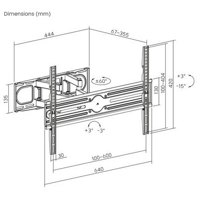 'Dimensions (mm)' drawing of a swivel TV wall mount, adjustable tilt angles of +3 to -15 degrees, and swivel range of ±60 degrees.