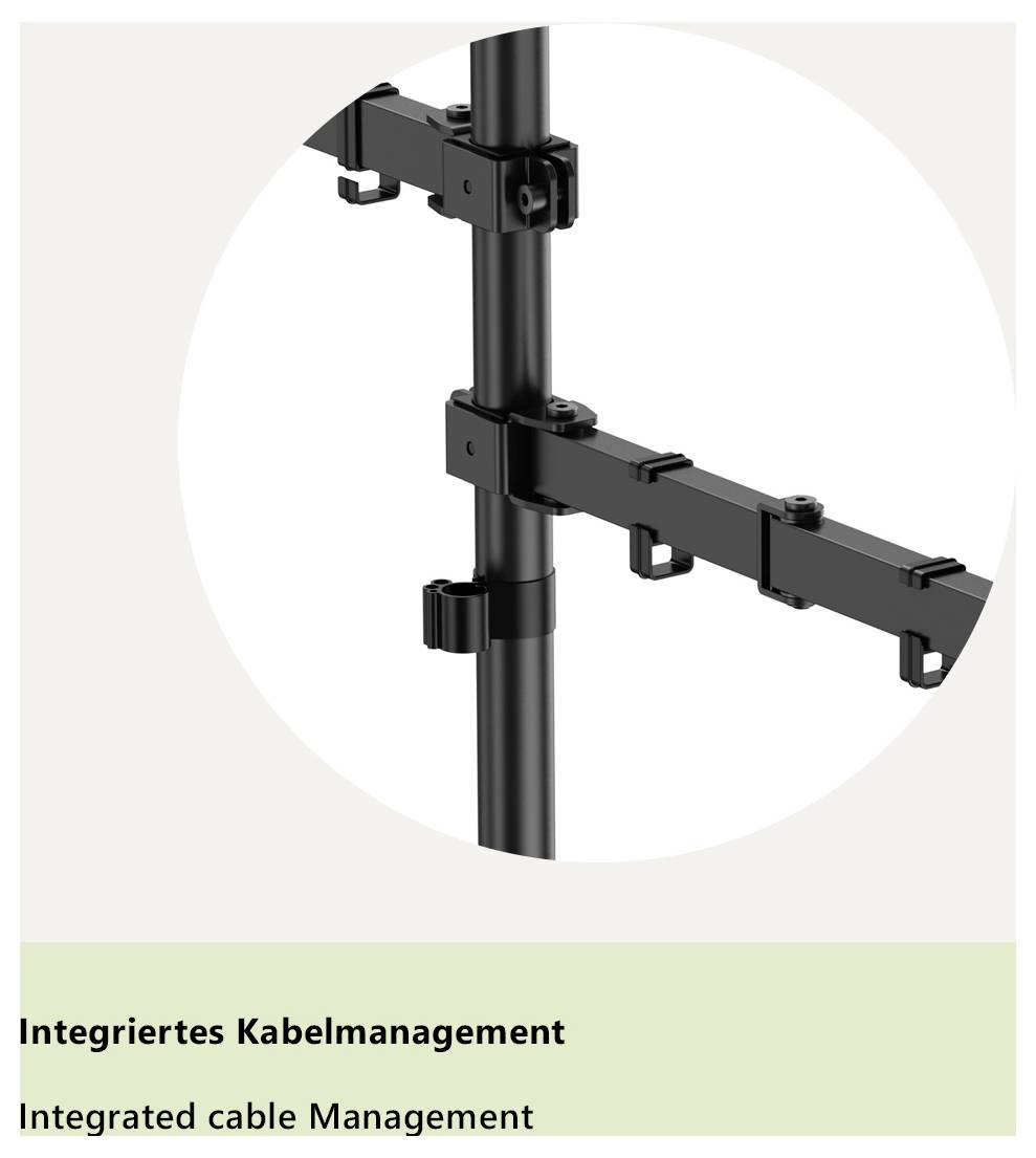 'Integrated cable management' is displayed below an image showing a black metal stand with attached cable clips for organizing wires.