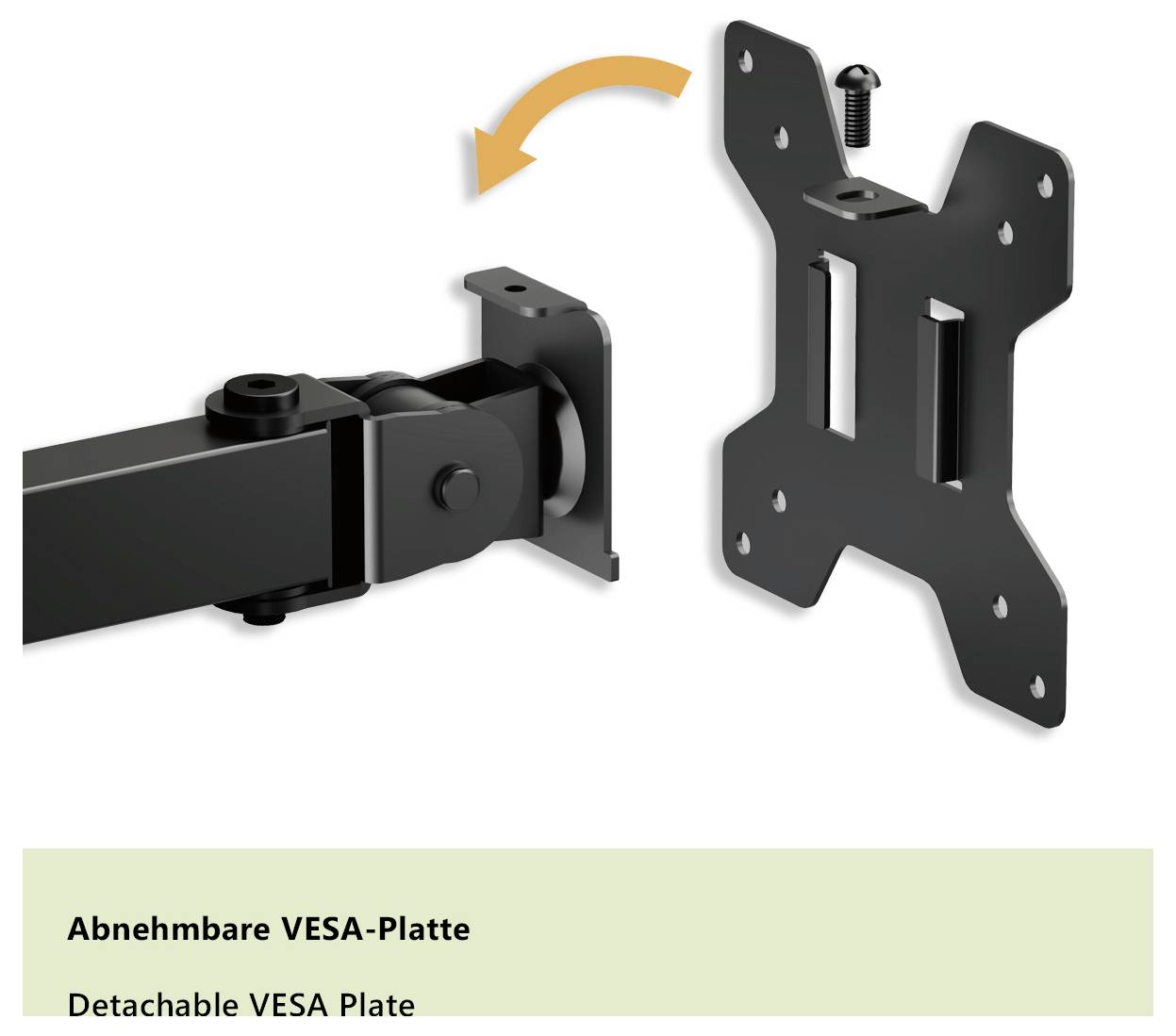 'Detachable VESA Plate' image showing a mounting plate being removed from an arm. An orange arrow indicates direction of removal.