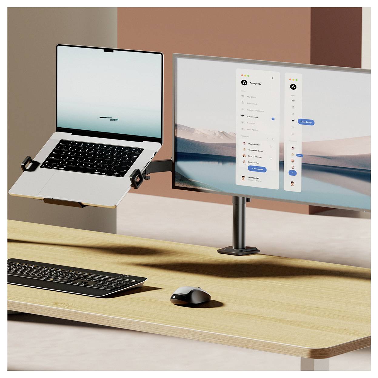 A sleek workspace featuring a suspended laptop and dual monitors on a wooden desk with a keyboard and mouse, set against minimalist decor.