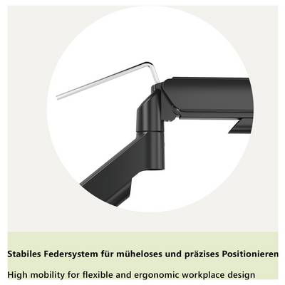 Adjustable arm mechanism with a stable spring system for effortless, precise positioning. Designed for high mobility and ergonomic workplace design.