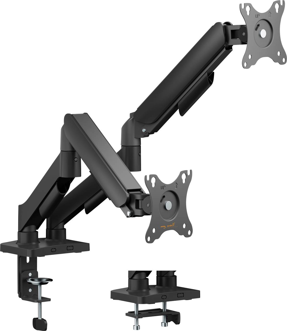 Dual monitor arm stand with adjustable positioning, clamps to a desk, holds two screens for ergonomic workspace setup.