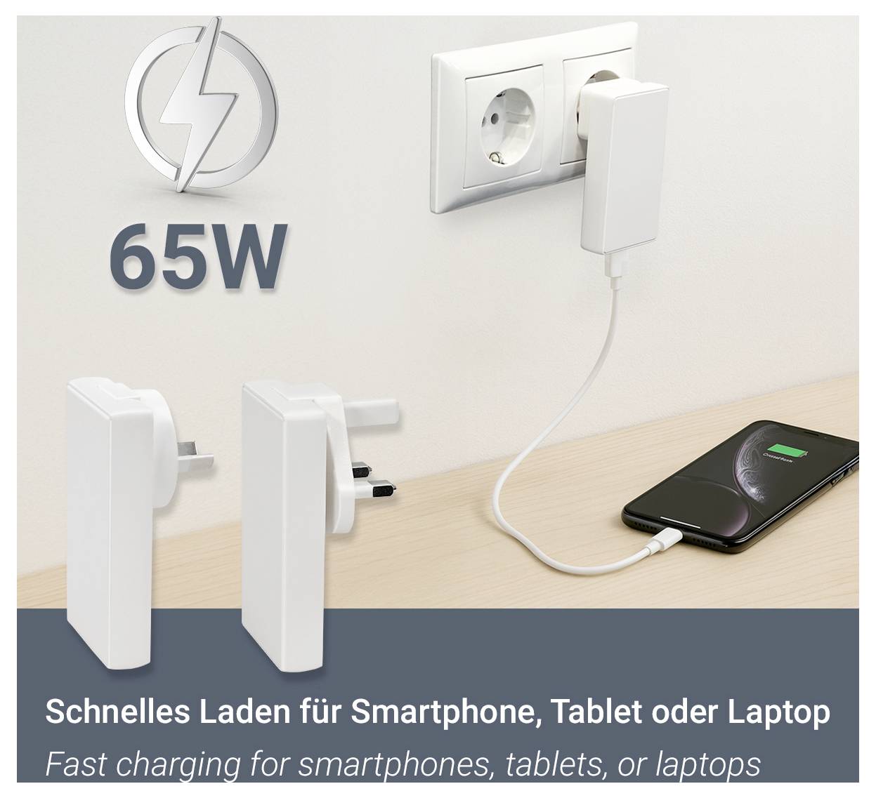 '65W wall charger plugged into a socket, charging a smartphone with a green battery icon. Text: Schnell Aufladen für Smartphones.'