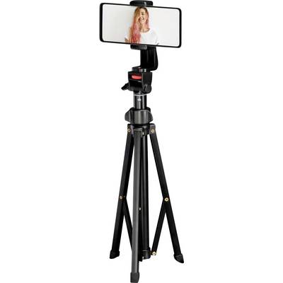 A smartphone mounted on a black tripod, displaying a photo of a person with long hair.