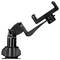 A black adjustable phone mount with a clamp and suction cup base, designed for holding a smartphone securely in various positions.