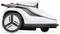 A white robotic lawn mower with black accents and visible wheels, designed for automated grass cutting, viewed from the side.