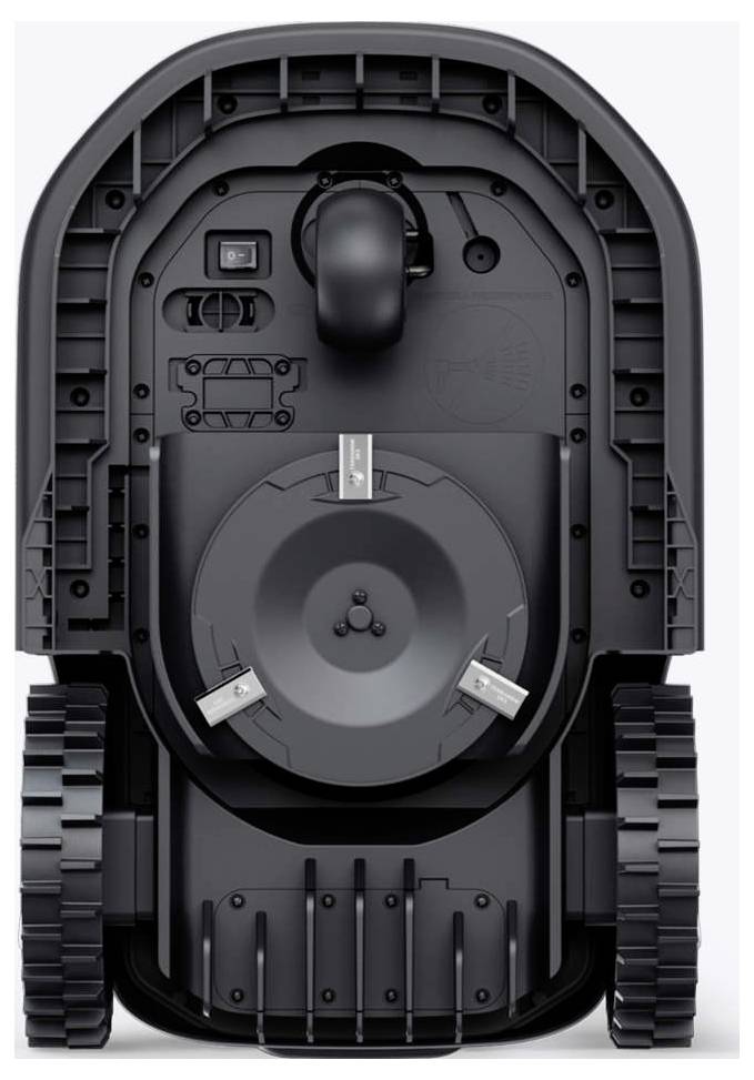 The underside of a robotic lawn mower showing its blades, wheels, and mechanical components.