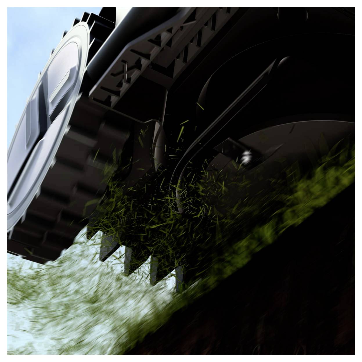 A close-up of a mechanical vehicle's thick treads churning up grass and soil as it moves down a slope. The sky is blue in the background.