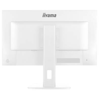 A white computer monitor viewed from the back, showing the stand and brand logo centered at the top. No cables or additional features visible.