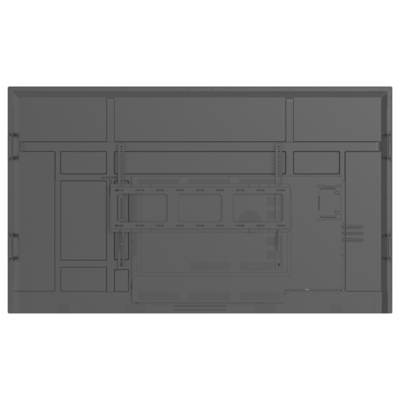 Rear view of a rectangular object with various compartments and mounting brackets, possibly the back of an electronic device or screen.