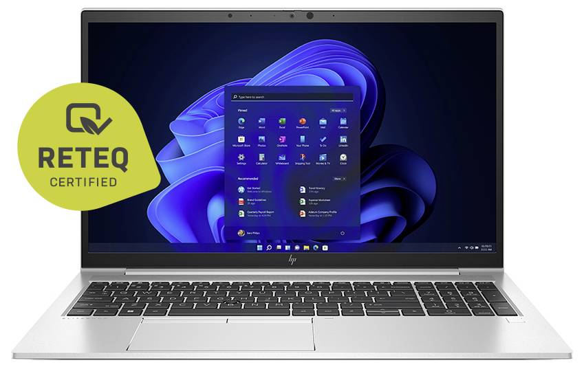 A laptop displaying the Windows start menu on its screen, with a 'RETEQ Certified' badge overlaid in the corner.