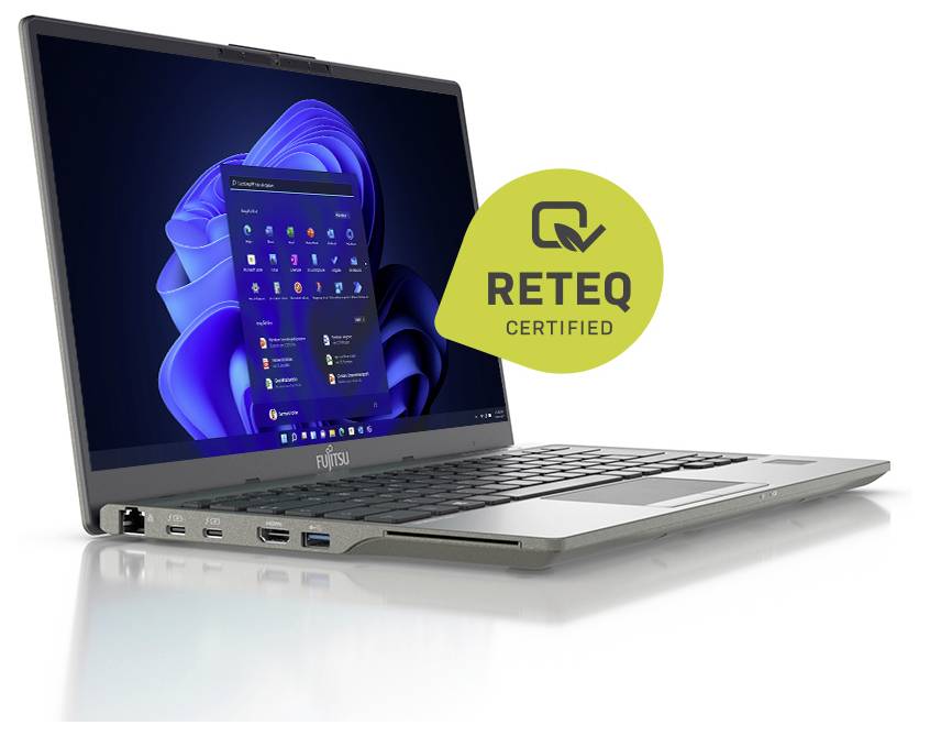 A sleek laptop displaying a blue-themed operating system interface is angled open. A 'RETEQ CERTIFIED' badge is prominently shown.