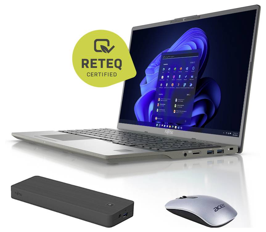 'Fujitsu laptop with Windows 11 screen, accompanied by a wireless mouse and a black power bank. The laptop is RETEQ certified.'