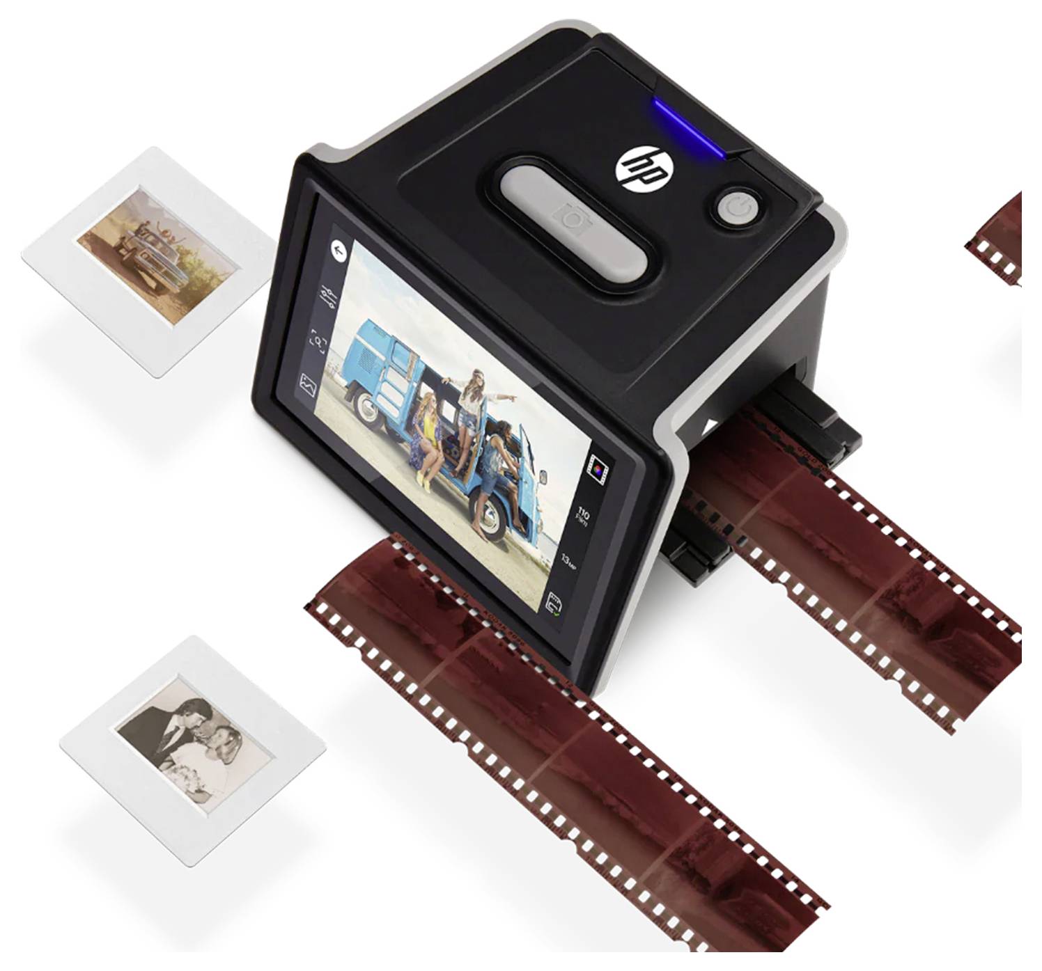 A digital film scanner converting photographic slides and negatives into digital images displayed on its screen.