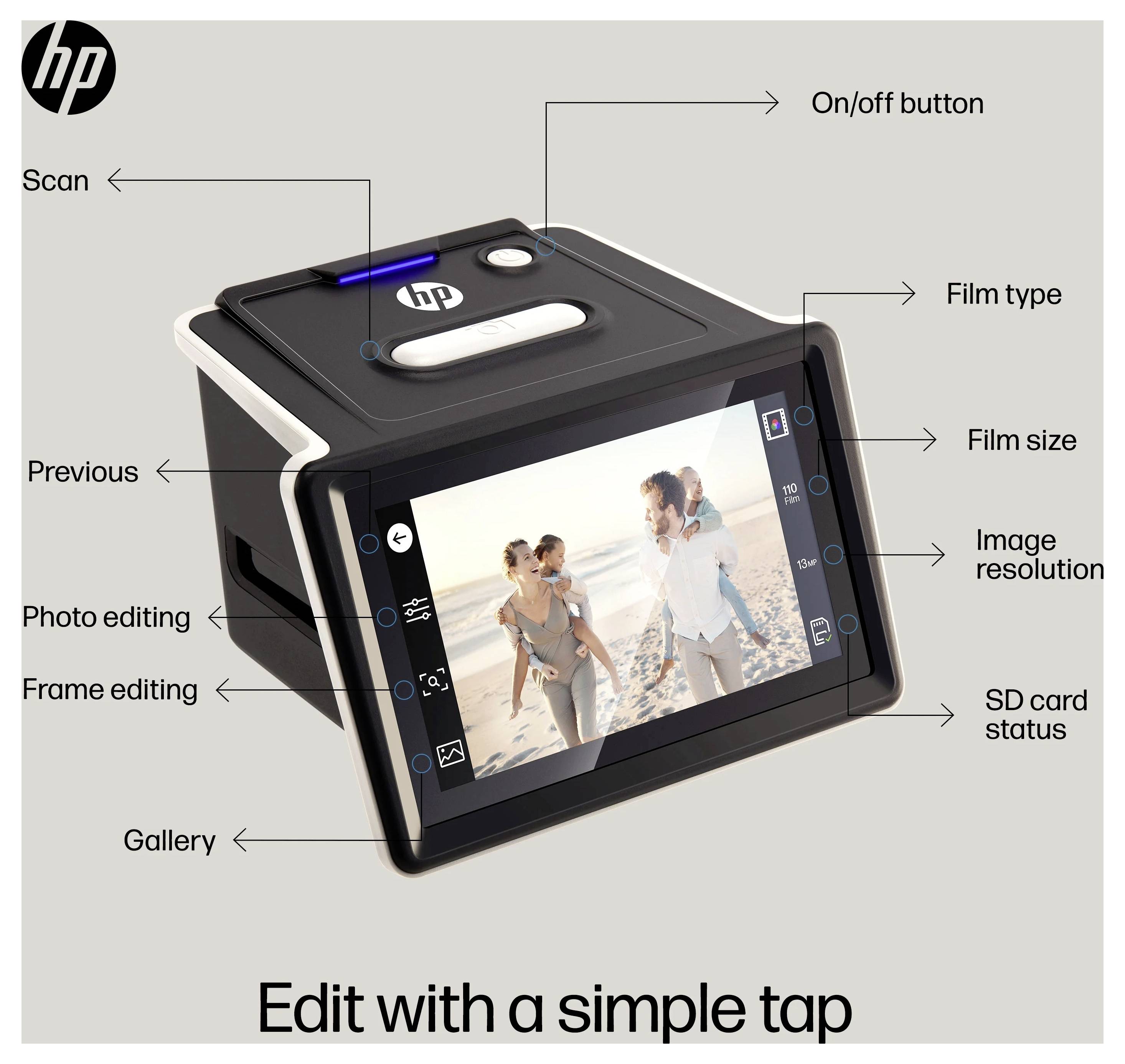 'HP device with screen displaying a beach photo, labeled buttons for scanning, editing, film type, size, resolution, and SD card status.'