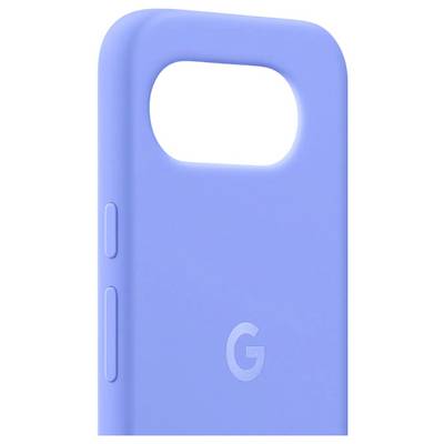 A pastel blue smartphone case with button cutouts and 'G' logo, viewed from the back, showing the top corner section.