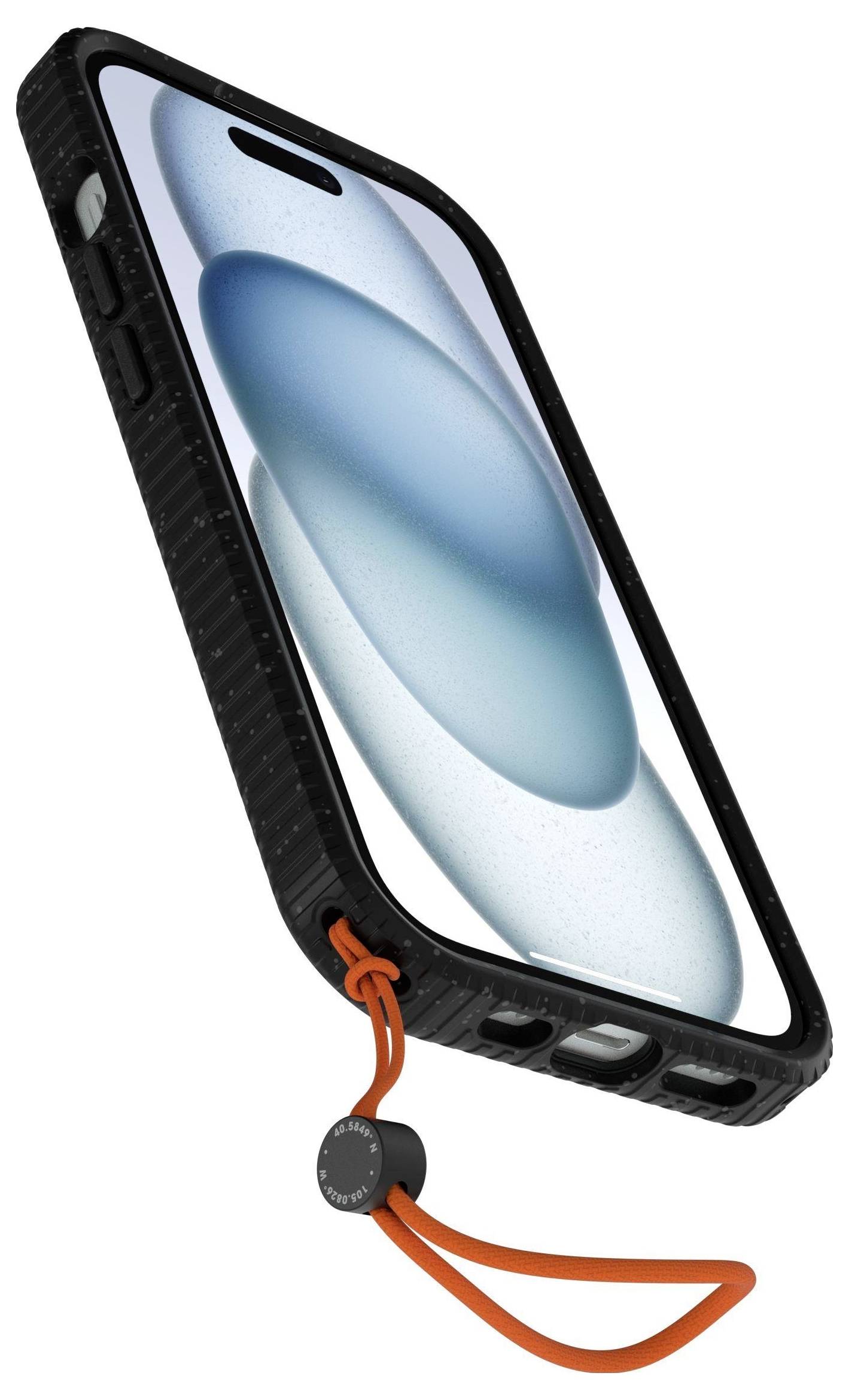 'Smartphone encased in a black textured protective case with a red wrist strap attached at the bottom left corner, screen displaying a geometric design.'