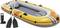 Yellow and gray inflatable boat labeled 'Challenger 3' with two black paddles and a pump, designed for three people.