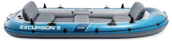 A blue inflatable boat labeled 'EXCURSION 5' with gray seats, designed for recreational use, accommodating multiple passengers.