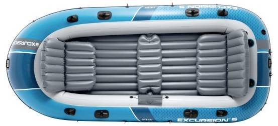 A top-view image of a blue and gray inflatable boat. It has multiple seats and is labeled 'Excursion 5'.