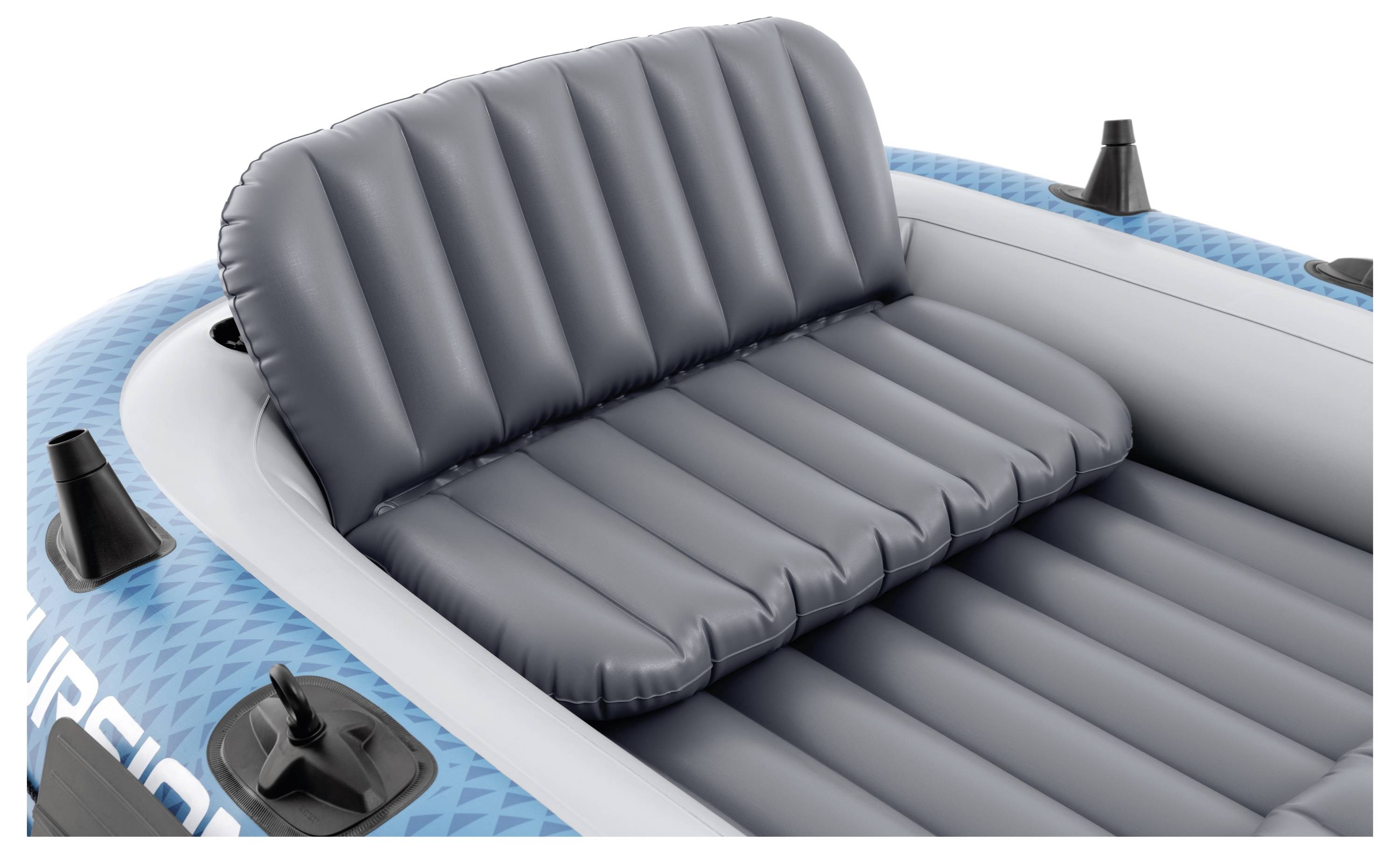 'A blue and gray inflatable boat seat with a padded backrest and seat cushion, featuring cup holders and attachment points on the sides.'