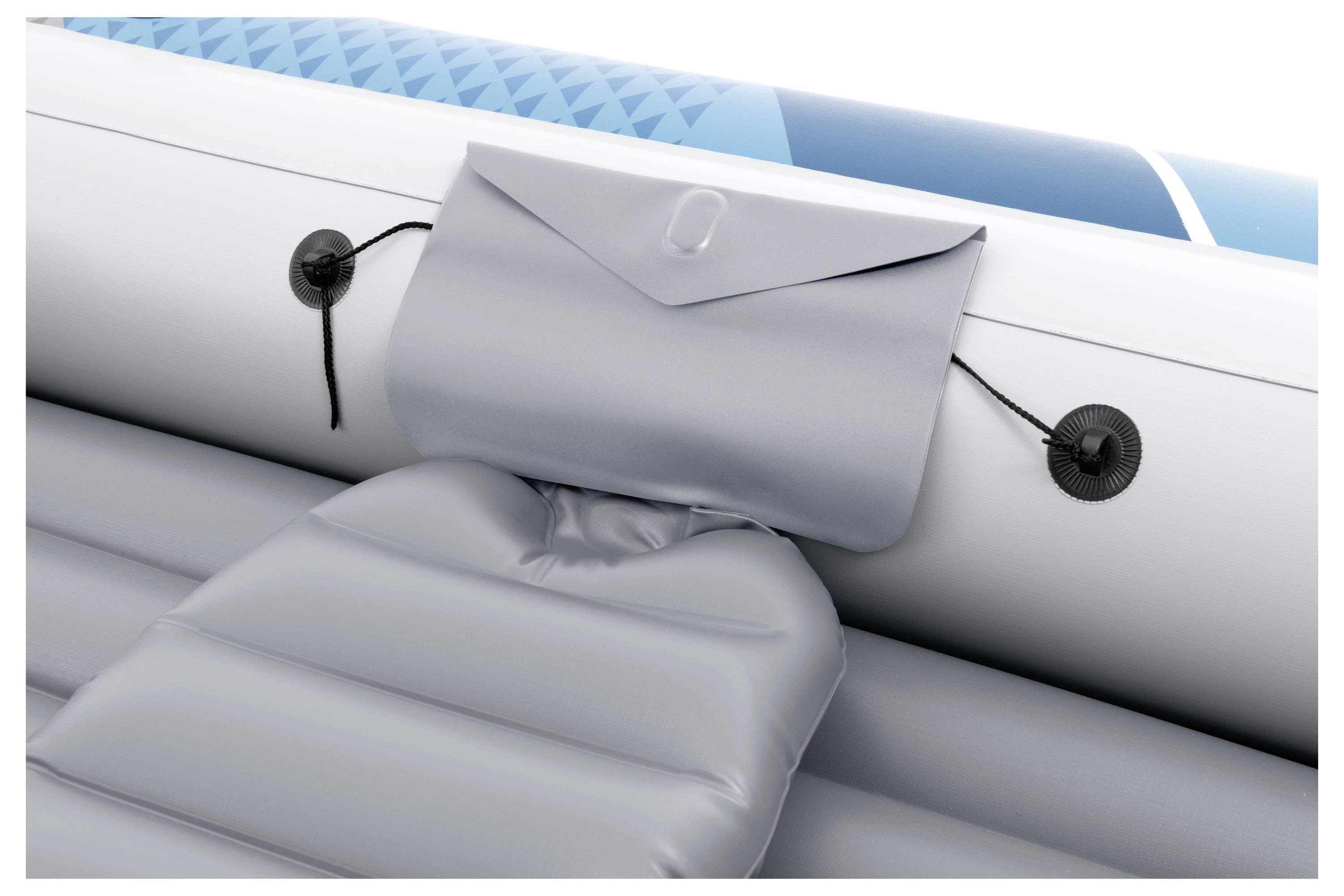 An inflatable pool chair with a built-in headrest and side pouch, attached with black cords, set against a patterned blue background.