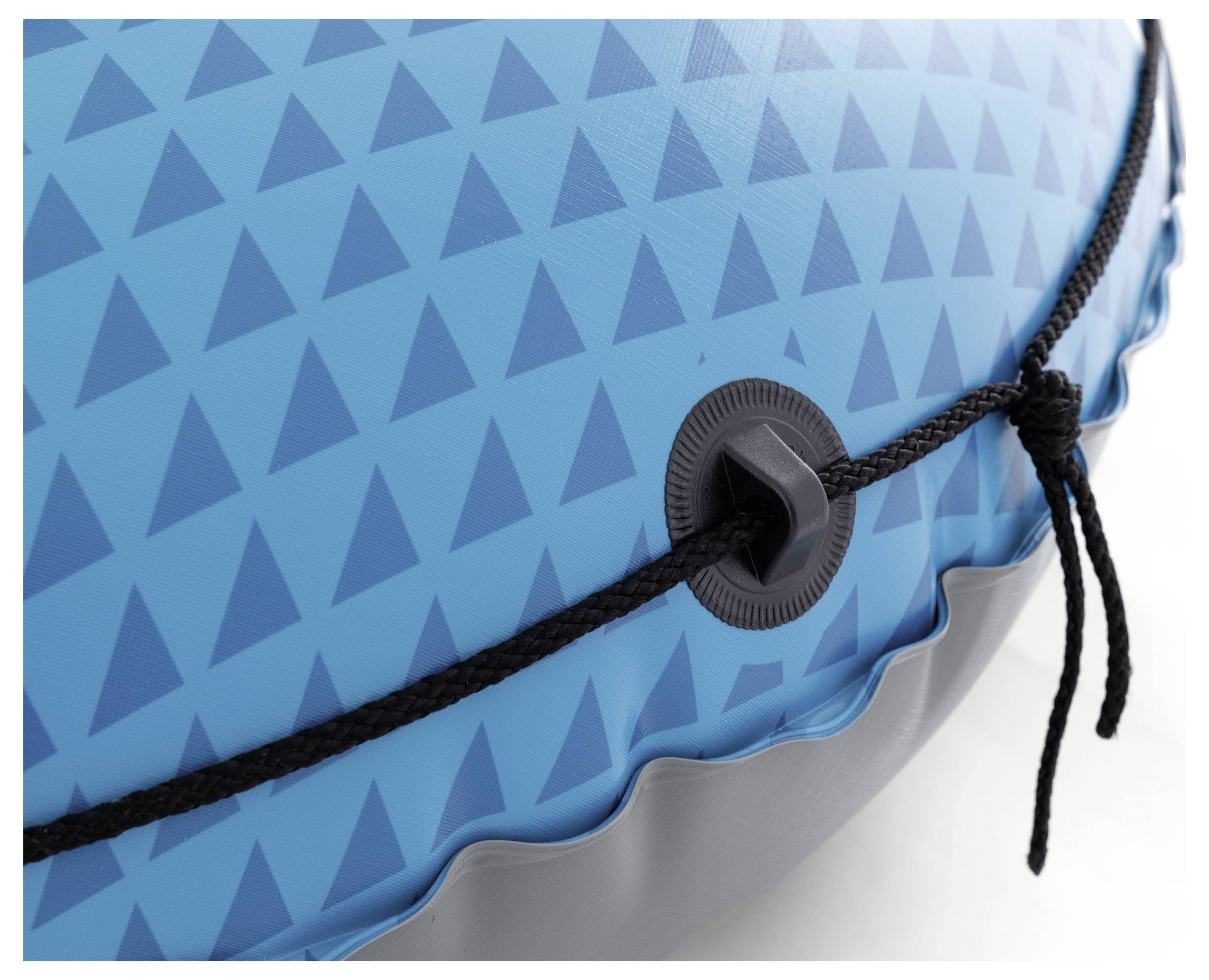Blue inflatable tube with a geometric triangle pattern, a black rope threaded through a grommet, and wavy edges.