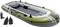 An inflatable boat with green and white colors, labeled 'Seahawk 4'. Includes two black oars and a manual pump. Suitable for 4 people.