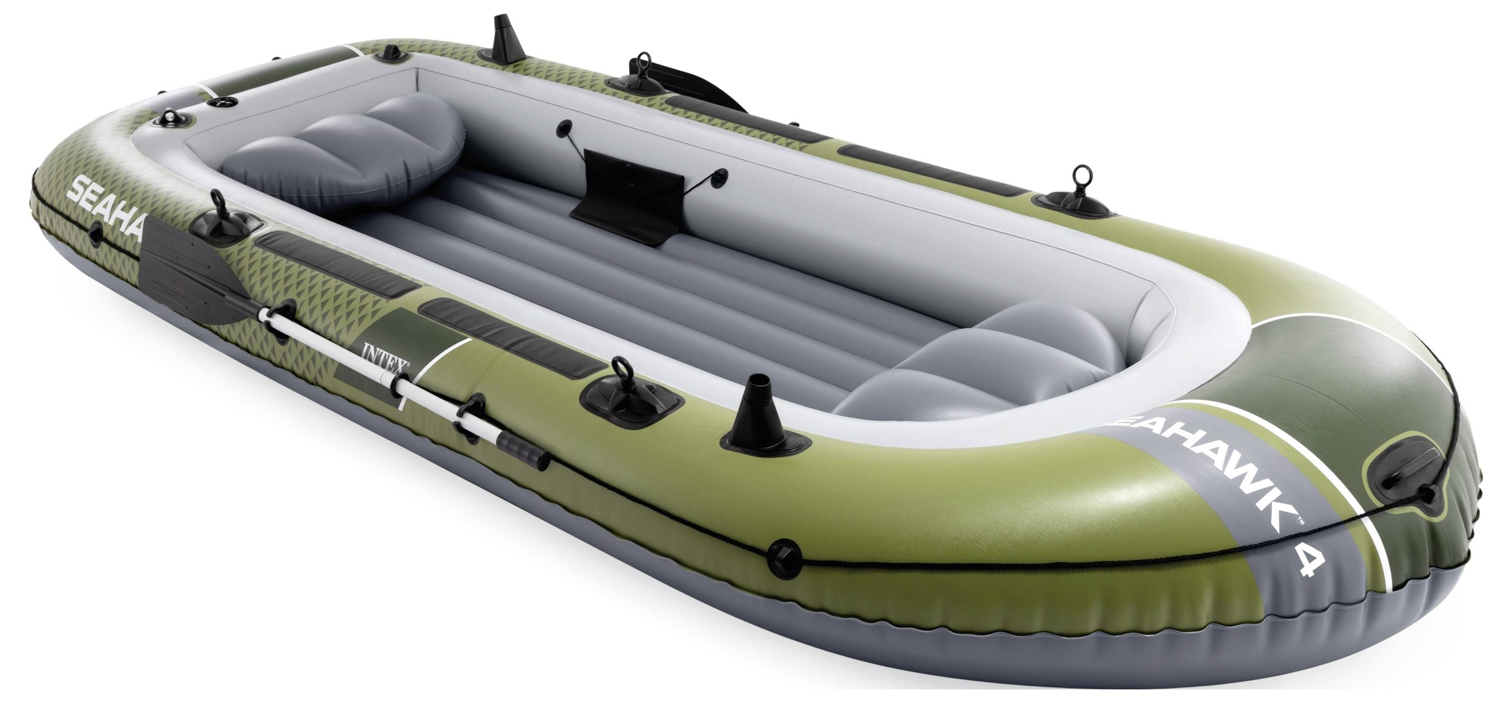 An inflatable green and gray raft with seating for four people, labeled 'Seahawk 4' on the side, designed for boating or fishing.