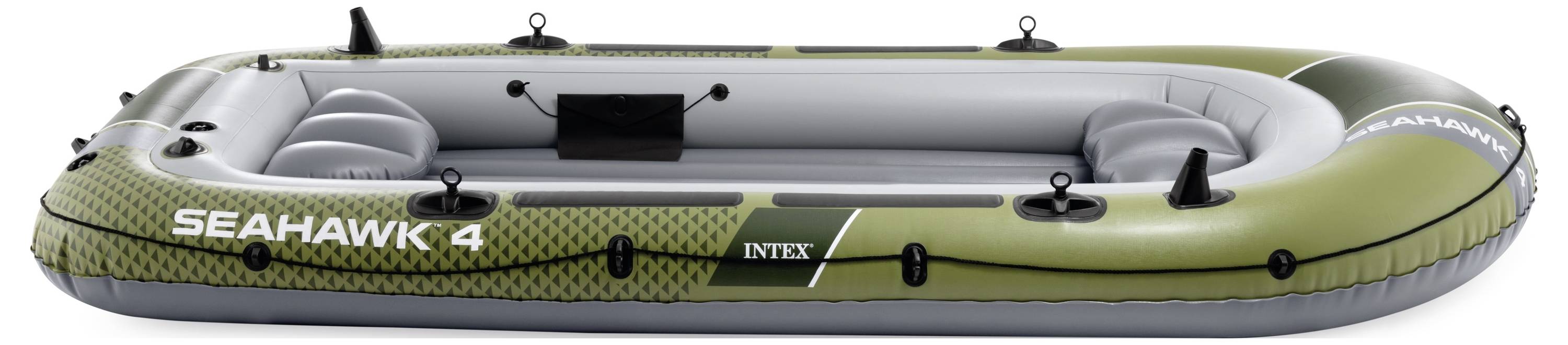 A green and gray inflatable boat, labeled 'Seahawk 4 Intex,' designed for up to four people, with multiple oar locks and handles.