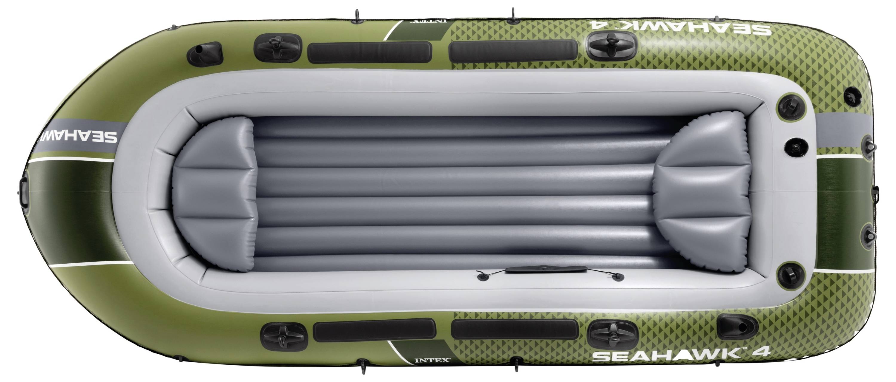 Top view of a green and grey inflatable boat labeled 'Seahawk 4', suitable for four people, showing seating and inflated chambers.