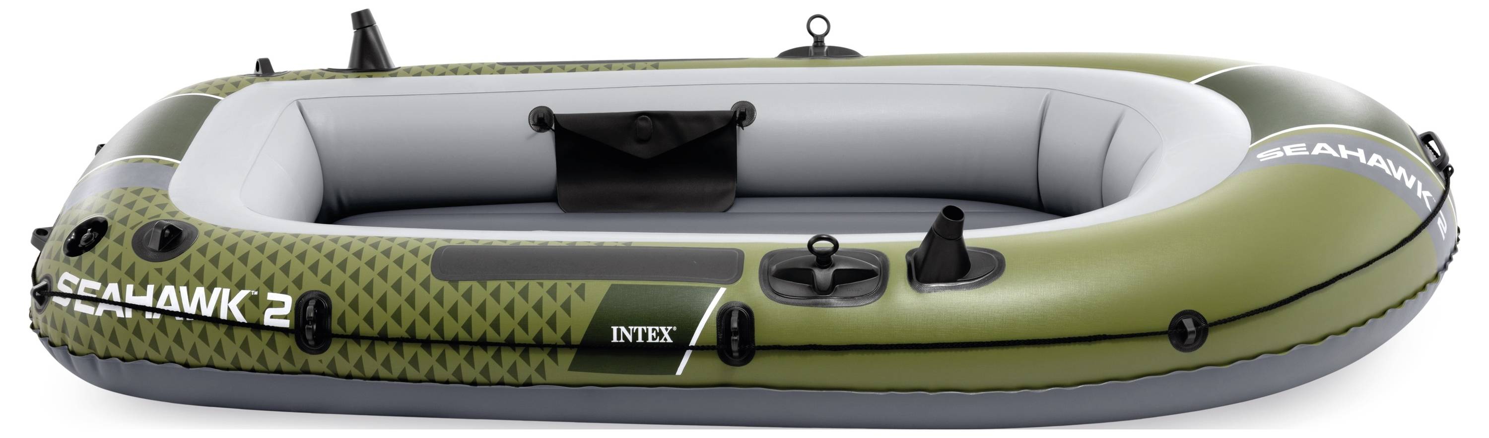 Inflatable green and gray boat with 'Seahawk' text, designed for two people; equipped with oar locks and a storage pouch.