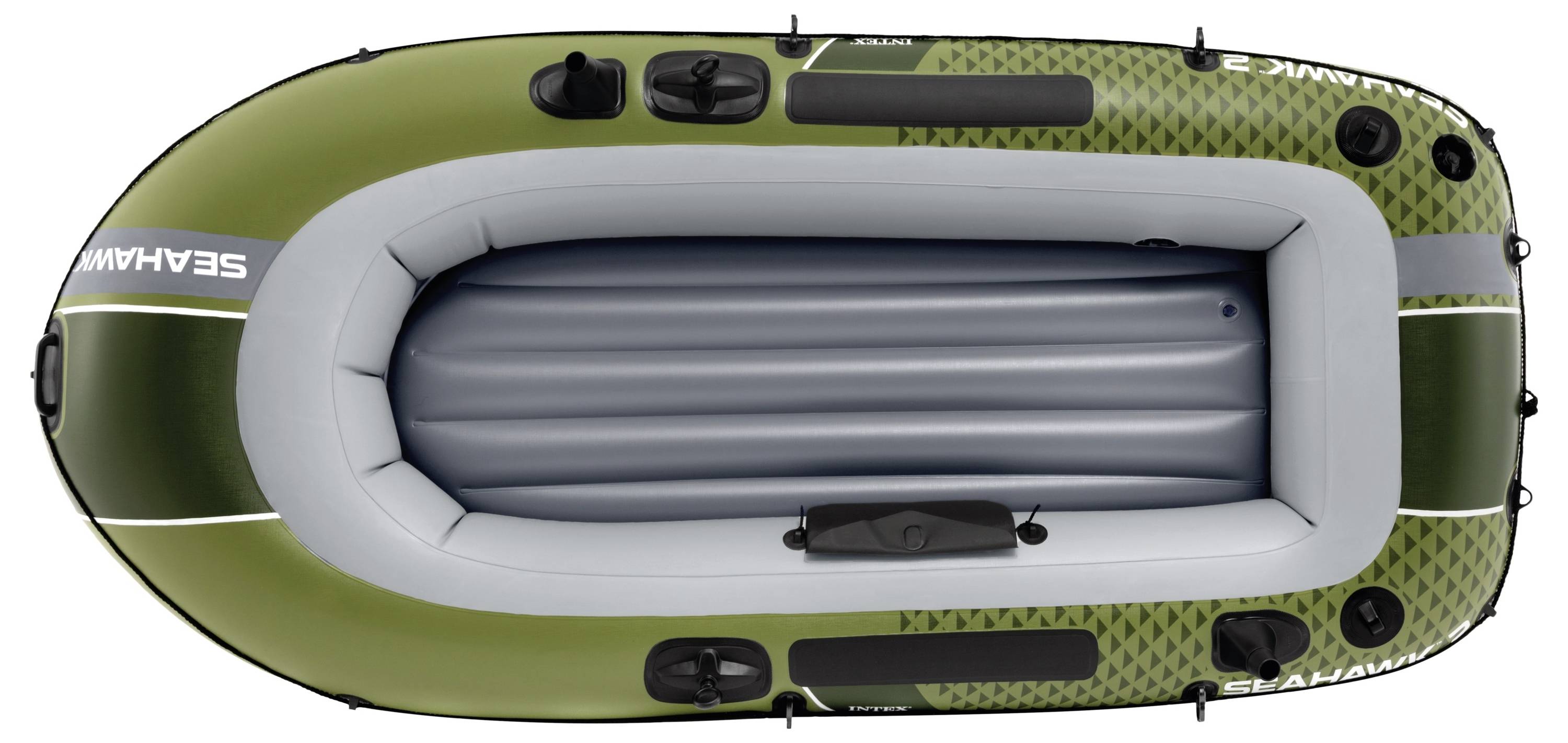 Green and gray inflatable boat with black fittings, labeled 'Seahawk' on the sides. It features multiple air chambers and appears unoccupied.