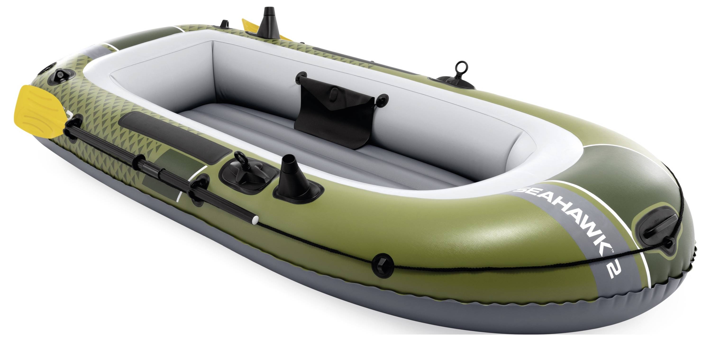 Green and white inflatable boat with 'SEAHAWK 2' printed on the side, featuring black paddles attached.