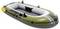 Green and white inflatable boat with 'SEAHAWK 2' printed on the side, featuring black paddles attached.