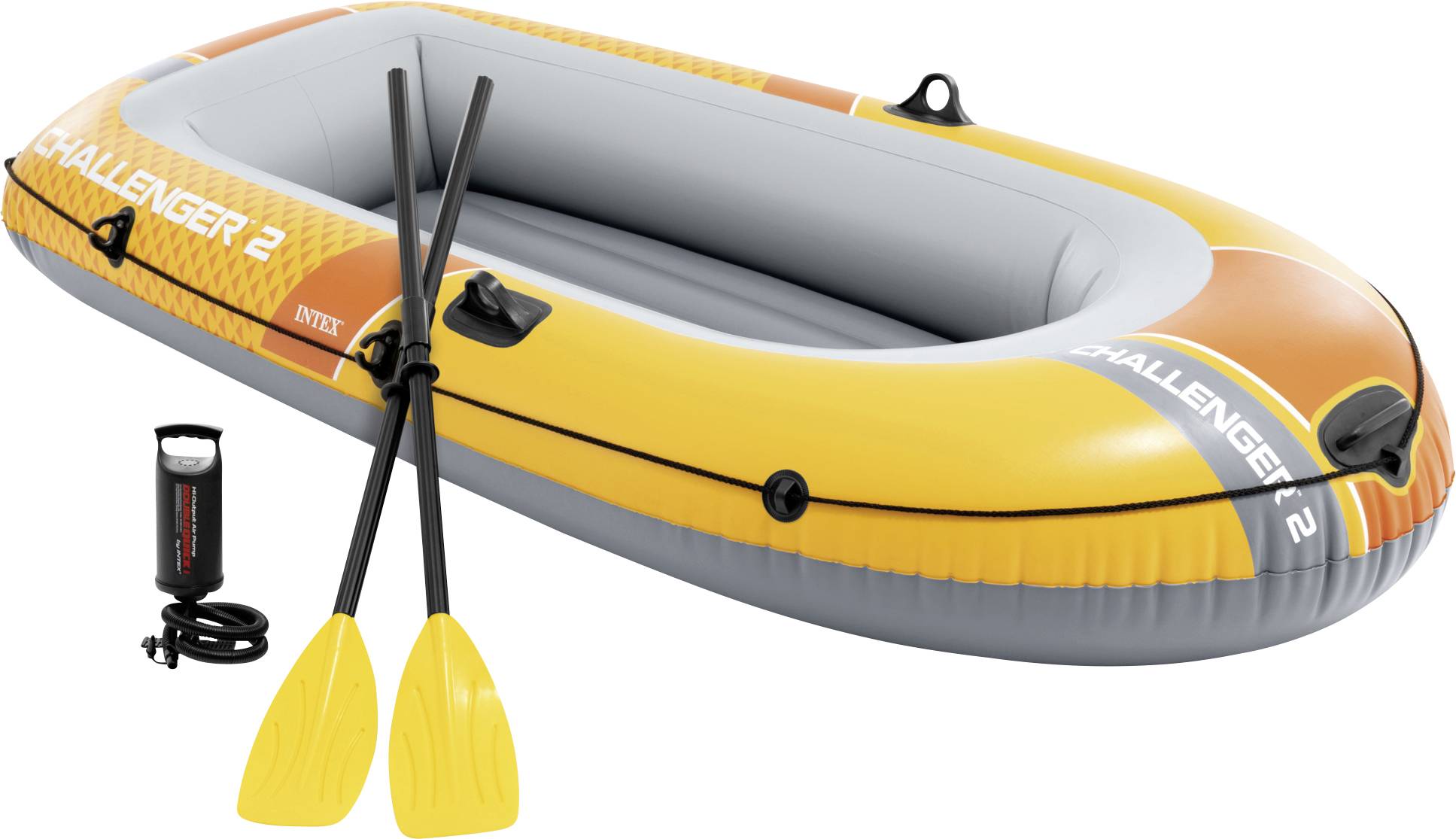 Inflatable yellow and gray boat labeled 'Challenger 2' with two black oars, and a small black air pump.