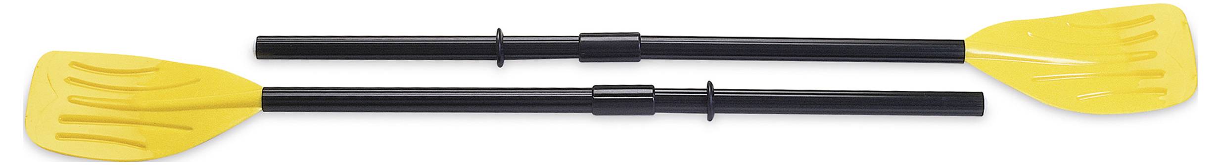 Two black boat paddles with bright yellow blades facing opposite directions on a plain white background.