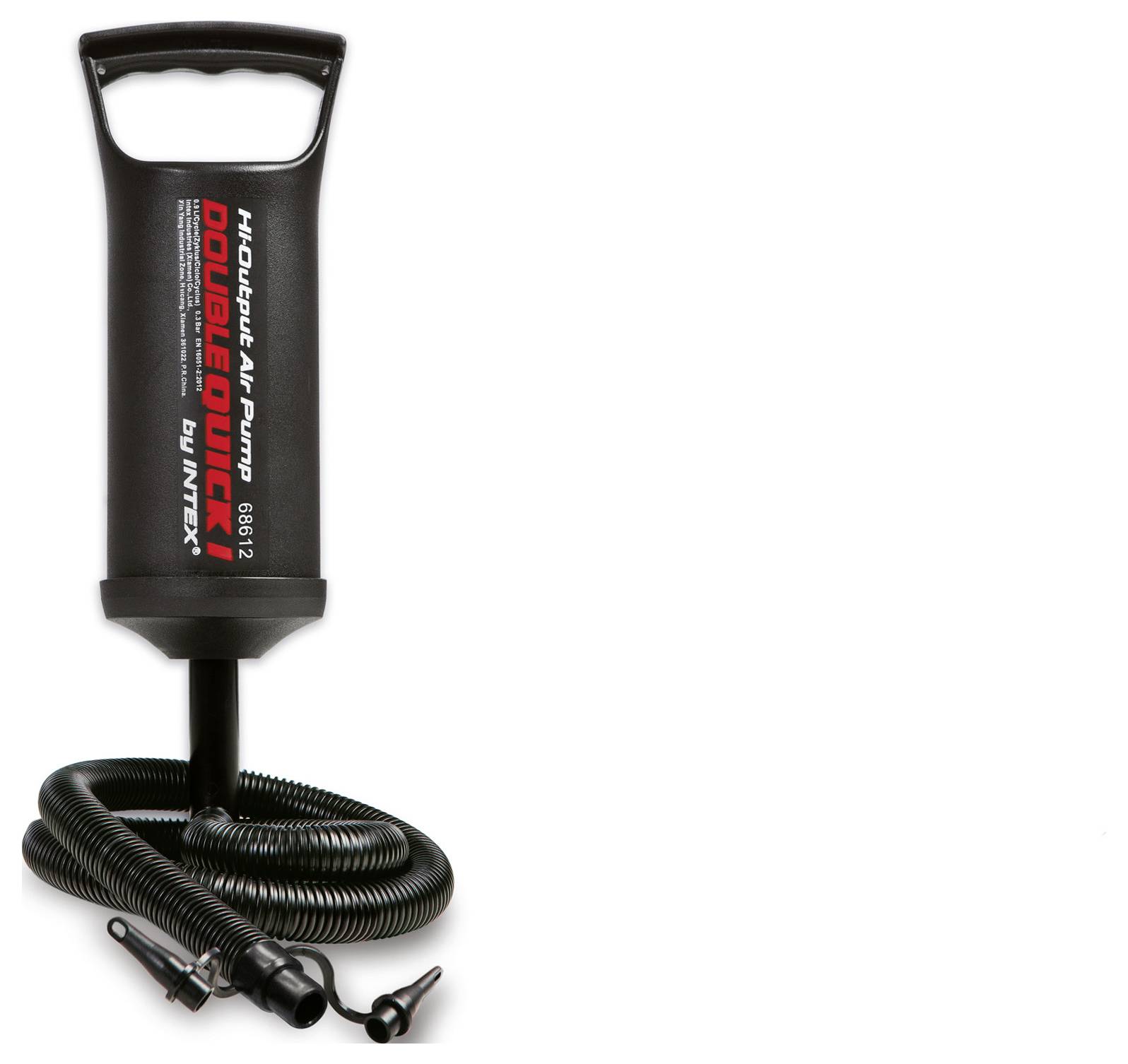 A black hand pump with a flexible hose and interchangeable nozzles, designed for inflating items. Brand name 'Intex' visible on the pump.