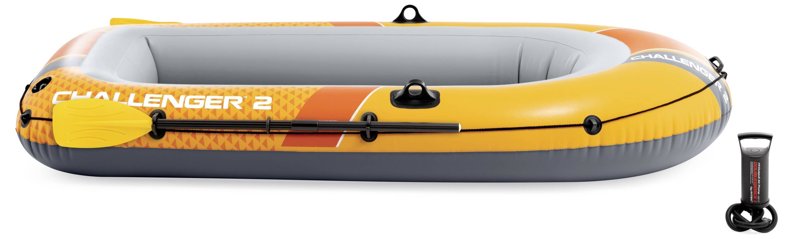 Yellow and gray inflatable boat labeled 'Challenger 2,' with a black oar and pump beside it, designed for two people.