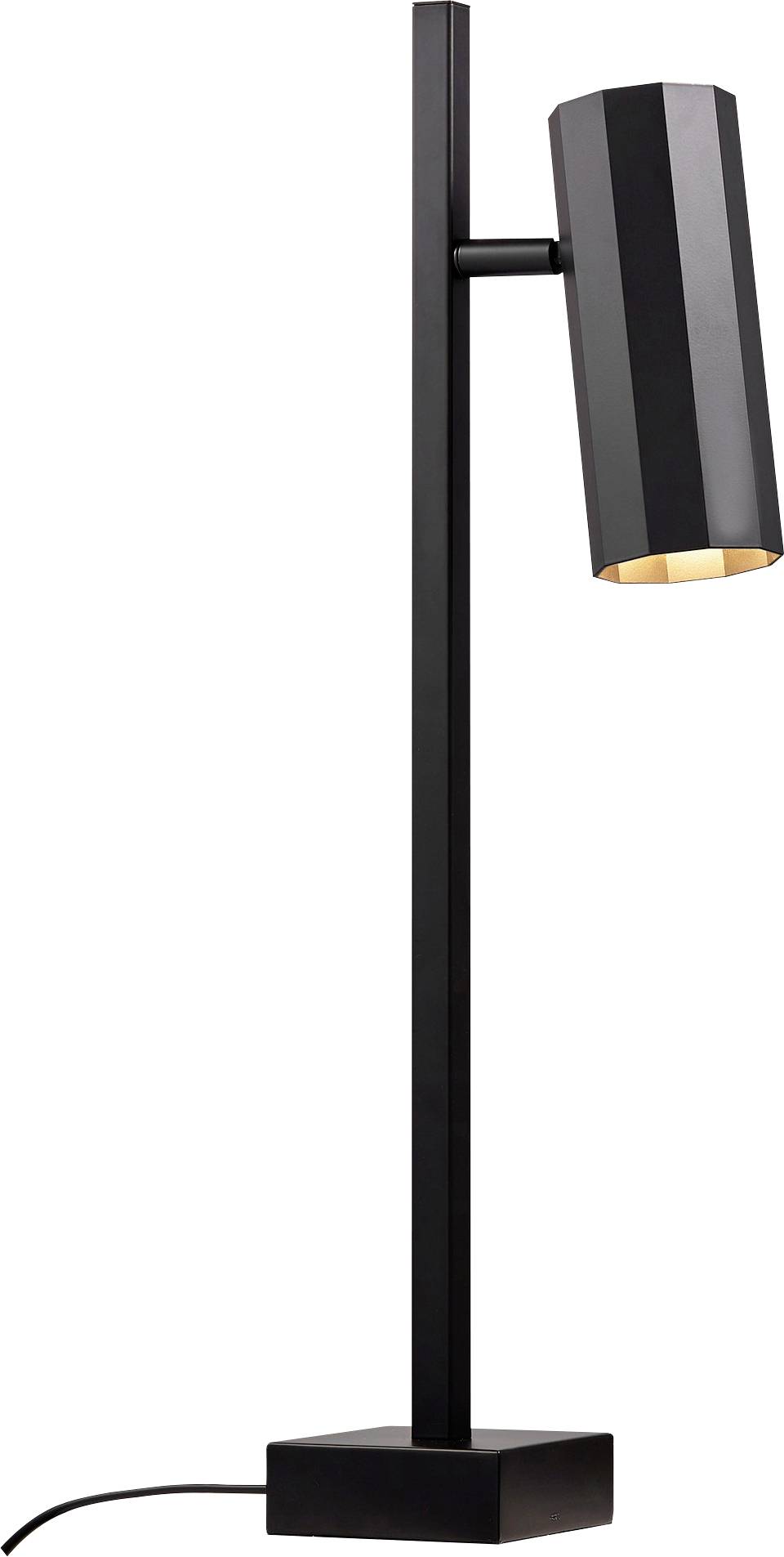 A modern black floor lamp with a tall, rectangular base and an elongated, cylindrical lampshade pointing downward.