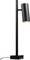 A modern black floor lamp with a tall, rectangular base and an elongated, cylindrical lampshade pointing downward.