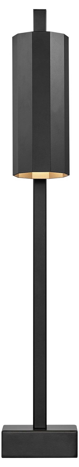 A modern black floor lamp with a tall, cylindrical shade on a straight, slender stand and a square base.