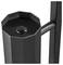 A black, octagonal metal structure with a central button, possibly part of a larger piece of furniture or fixture, in a minimalist design.